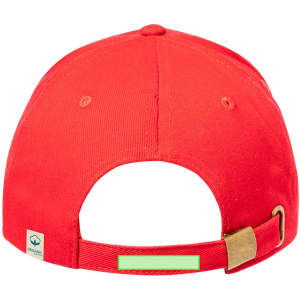 A red cap featuring an adjustable strap and a logo on the side. The back has a plain band.