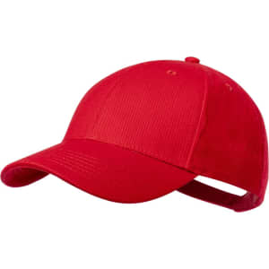A red cap with a curved brim and an adjustable strap at the back. It features a branding logo.
