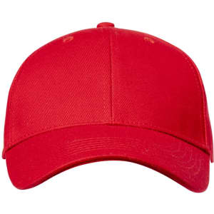 A red cap featuring a solid design and a logo. Suitable for casual wear and outdoor activities.