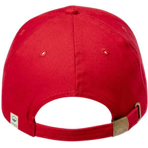 A red cap with an adjustable strap at the back and a small logo on the side.