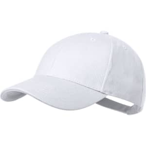 A white cap with an adjustable strap and a curved brim. It features a logo on the front.