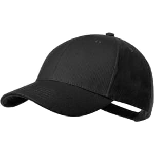 A black cap featuring a curved brim and an adjustable strap at the back, with a logo.