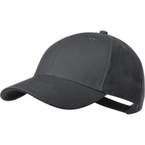 A black cap with a curved visor and an adjustable strap at the back, featuring a branding logo.