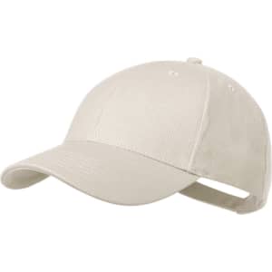 A cream-coloured cap with a curved brim and adjustable strap at the back, featuring a branding logo.