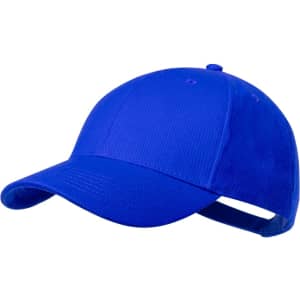 A blue cap featuring a curved peak and an adjustable strap at the back, with a logo on the front.