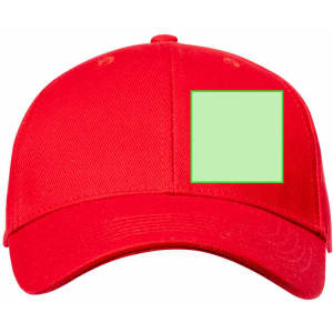 A red cap featuring a green square area, with a logo or branding visible on the front.