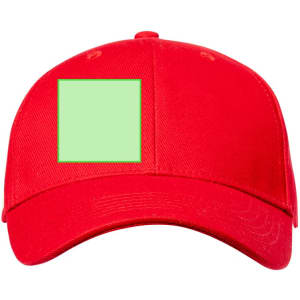 A red cap featuring a blank square area for customisation. It includes a logo on the front.