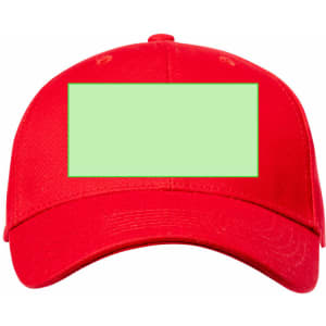 A red cap with a blank green area on the front, suitable for customisation. It features a logo on the side.