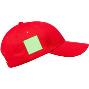 A red cap featuring a blank area for branding, with a curved visor and adjustable strap.