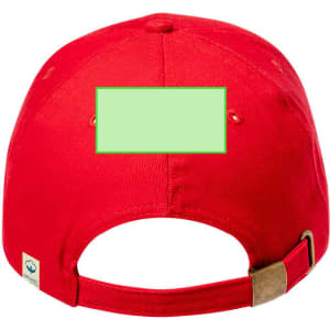 A red cap with an adjustable strap at the back, featuring a blank area for branding or customization.