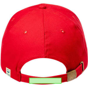 A red cap with a curved brim, featuring an adjustable strap at the back and a logo on the side.