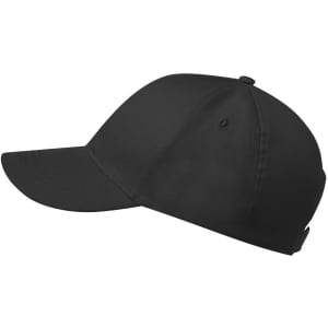 A black cap with a curved brim and an adjustable strap. It features a branding logo.