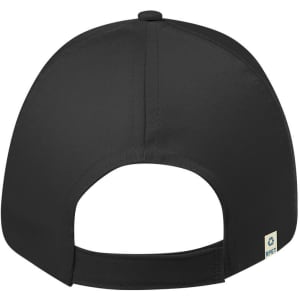 A black cap with a curved brim and an adjustable strap at the back. Features a logo on the side.