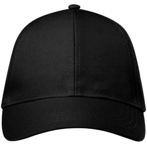 A black cap with a curved brim, featuring a decorative top button and a logo on the front.