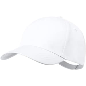 A white cap with a curved brim and an adjustable strap at the back, featuring a logo on the front.