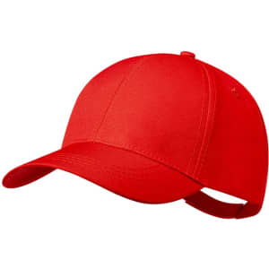 A red cap with a structured design and adjustable strap, featuring a logo on the front.