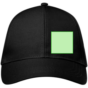 A black cap featuring a square area in a light green colour and a logo on the front.