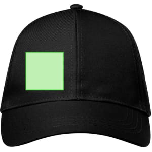 A black cap featuring a square section of light green material, with a logo on the front.