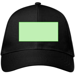 A black cap featuring a blank green rectangular area on the front, ideal for custom designs.