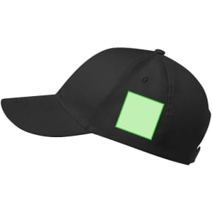 A black cap featuring a square patch on the side for customisation. It has a structured design and a curved brim.
