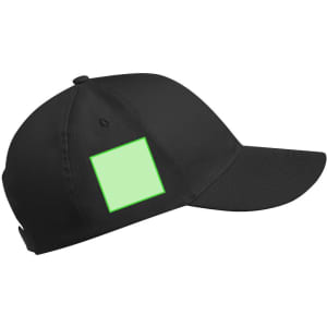 A black cap featuring a blank square area for branding. The cap has a structured design with a curved peak.