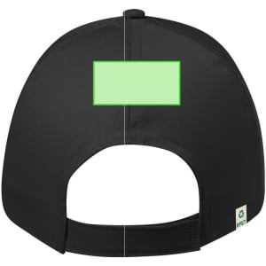 A black cap featuring a back panel with a logo and a rectangular area in a light green colour.