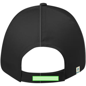 A black cap with a back opening, featuring a logo and a green accent.
