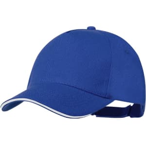 A blue cap with a curved brim and a white trim, featuring an adjustable strap and a logo.