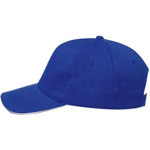 A blue cap with a curved brim and a button on top, featuring a logo on the side.