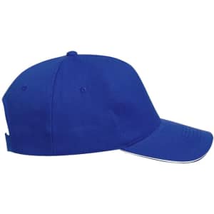 A blue cap featuring a curved brim and a logo on the front.