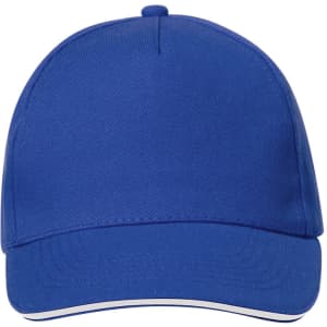 A blue cap with a curved brim and a structured design, featuring a logo on the front.