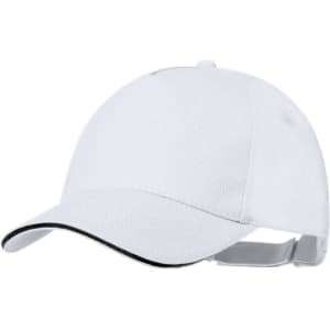 A white cap with a black trim and an adjustable strap at the back. It features a logo on the front.