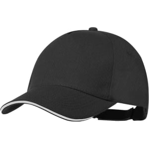 A black cap with a curved brim and white trim, featuring a logo on the front and an adjustable strap at the back.