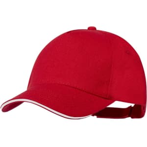 A red cap featuring a white trim and an adjustable strap at the back. It has a logo on the front.