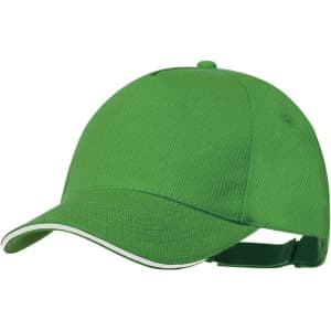 A green cap with a curved brim and white detailing, featuring a logo on the side.