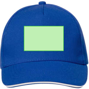 A blue cap featuring a blank green space on the front, with a curved brim and structured design.