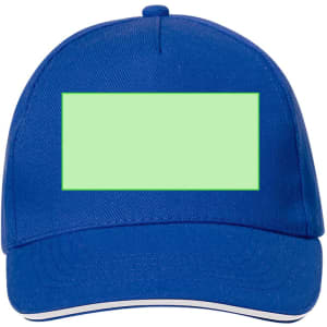 A blue cap featuring a blank, green rectangular area for customisation and a logo.