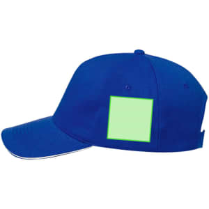 A blue cap featuring a blank area for customization, with a curved brim and adjustable back.