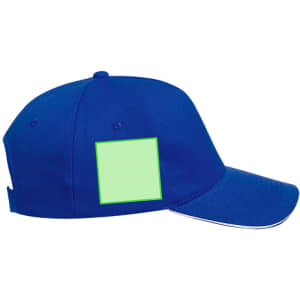 A blue cap featuring a blank square area for customisation, designed for promotional use.