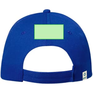 A blue cap featuring a plain section on the back, with a logo on the side.