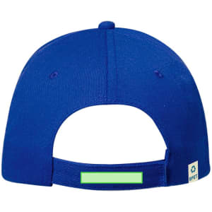 A blue cap featuring a branded logo and an adjustable strap at the back.