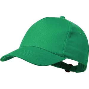 A green cap with a curved brim and adjustable back strap, featuring a logo on the front.