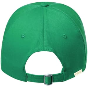 A green cap featuring a back closure and two ventilation holes, with a logo on the side.