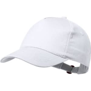 A white cap with an adjustable strap at the back, featuring a logo on the front.