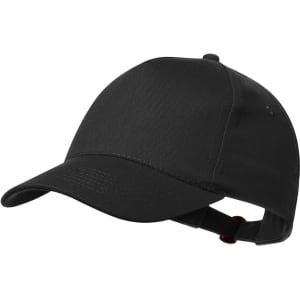 A black cap with an adjustable strap and a logo at the front. The cap features a curved brim.