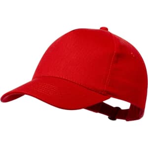 A bright red cap with a structured design and an adjustable strap at the back. It features a logo on the front.