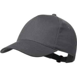 A grey cap with a curved brim and an adjustable strap at the back, featuring a logo.