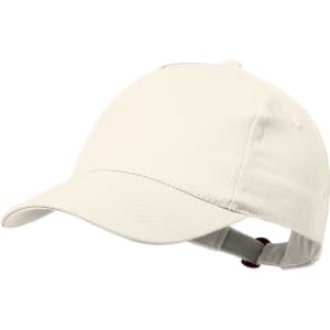 A cream-coloured cap with a curved brim and an adjustable strap at the back, featuring a logo.