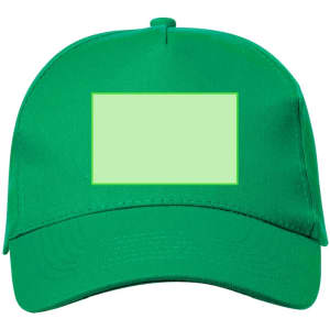 A green cap featuring a blank rectangular area, designed for custom branding, with a curved brim.