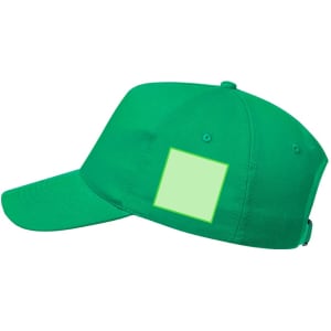 A green cap with a flat brim and an empty square area for branding. Features an adjustable strap at the back.